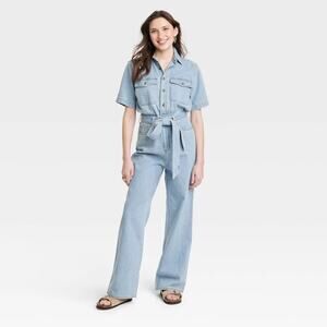 Universal Thread Denim Jumpsuit Belted Wide Leg Jean Utility Romper Size 00